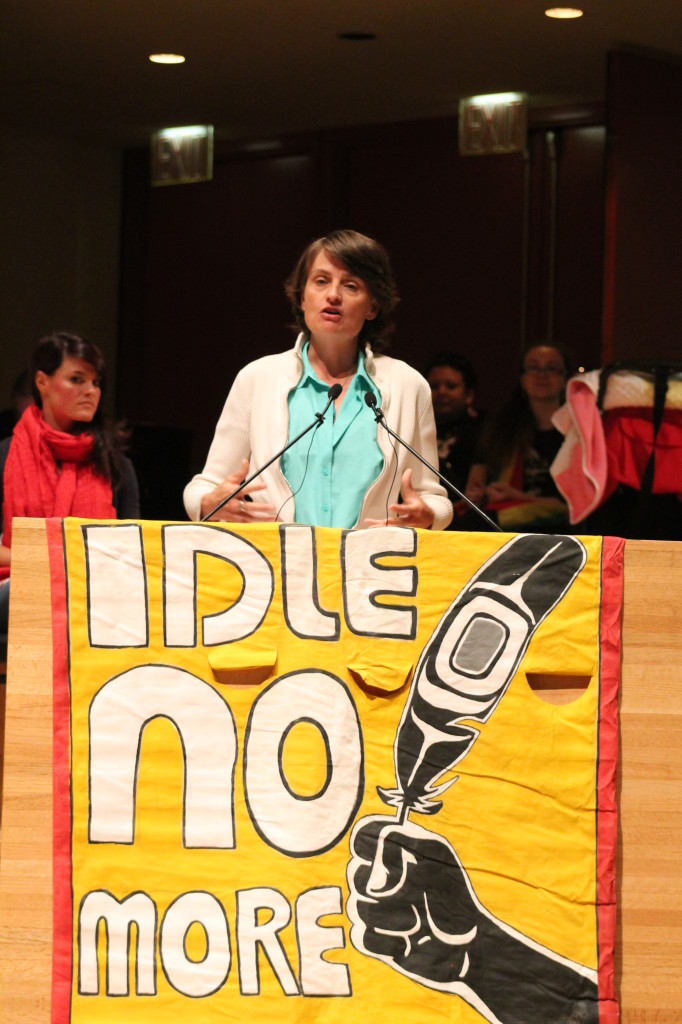 Anne Petermann of the Global Justice Ecology Project addresses Plenary Session Climate Convergence Conference, 19 September 2014